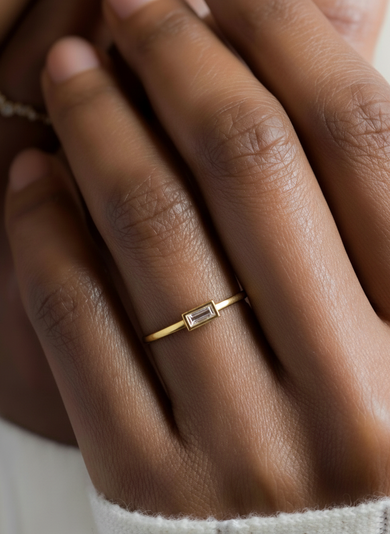 Glimmer Geometry Baguette Zircon Ring – 925 Silver with 18K Gold Plating – Lifestyle & On-Model Look | ARTTOO STUDIO