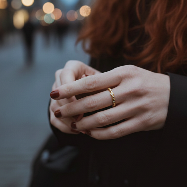 Starlit Glow Adjustable Ring – Irregular Hollow Texture, 18K Gold Vermeil on 925 Silver – Lifestyle & On-Model Look | ARTTOO STUDIO