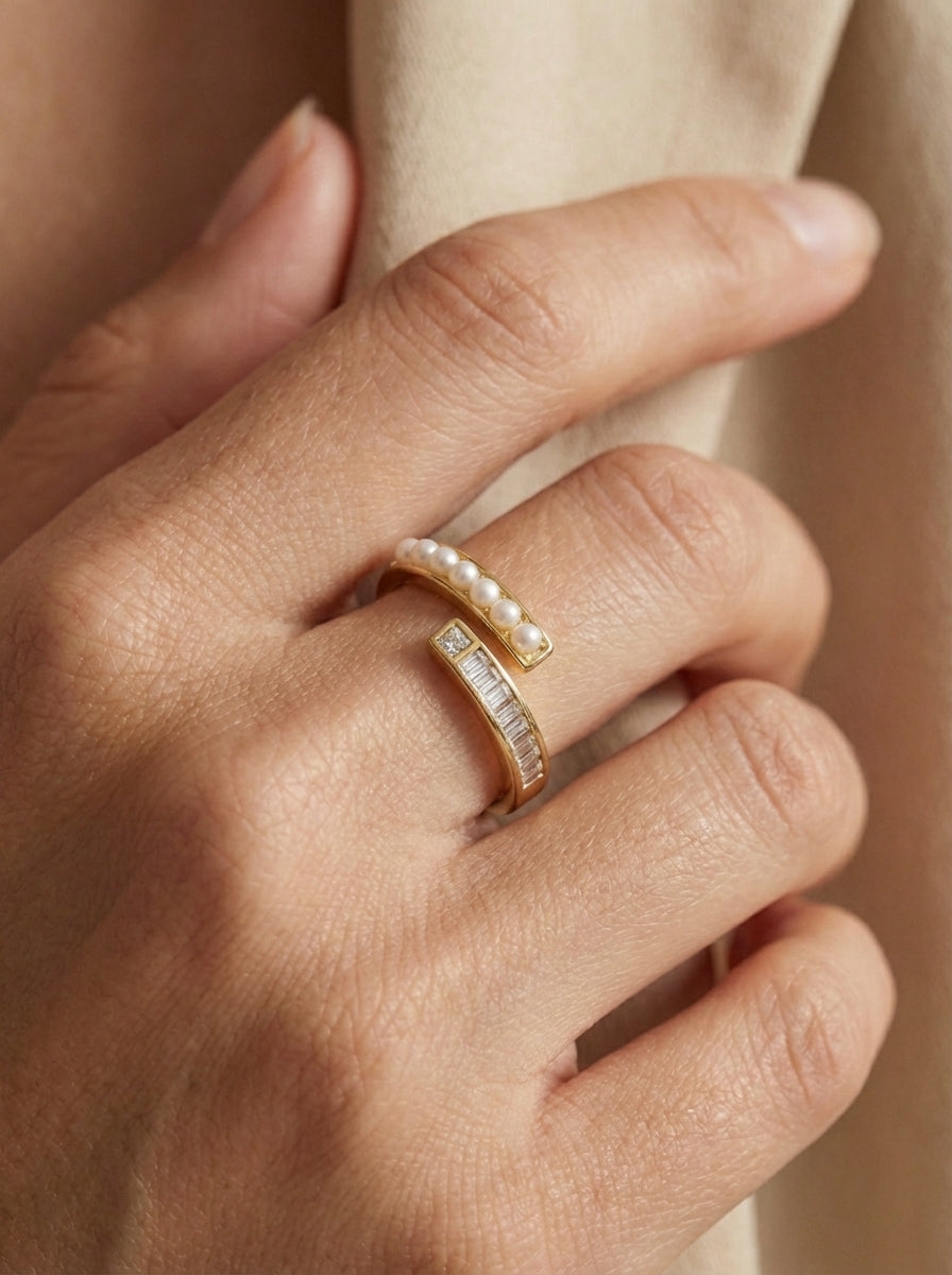 Lune Open Adjustable Ring – Pearl & Zirconia, 18K Gold Vermeil on 925 Silver – Lifestyle & On-Model Look | ARTTOO STUDIO
