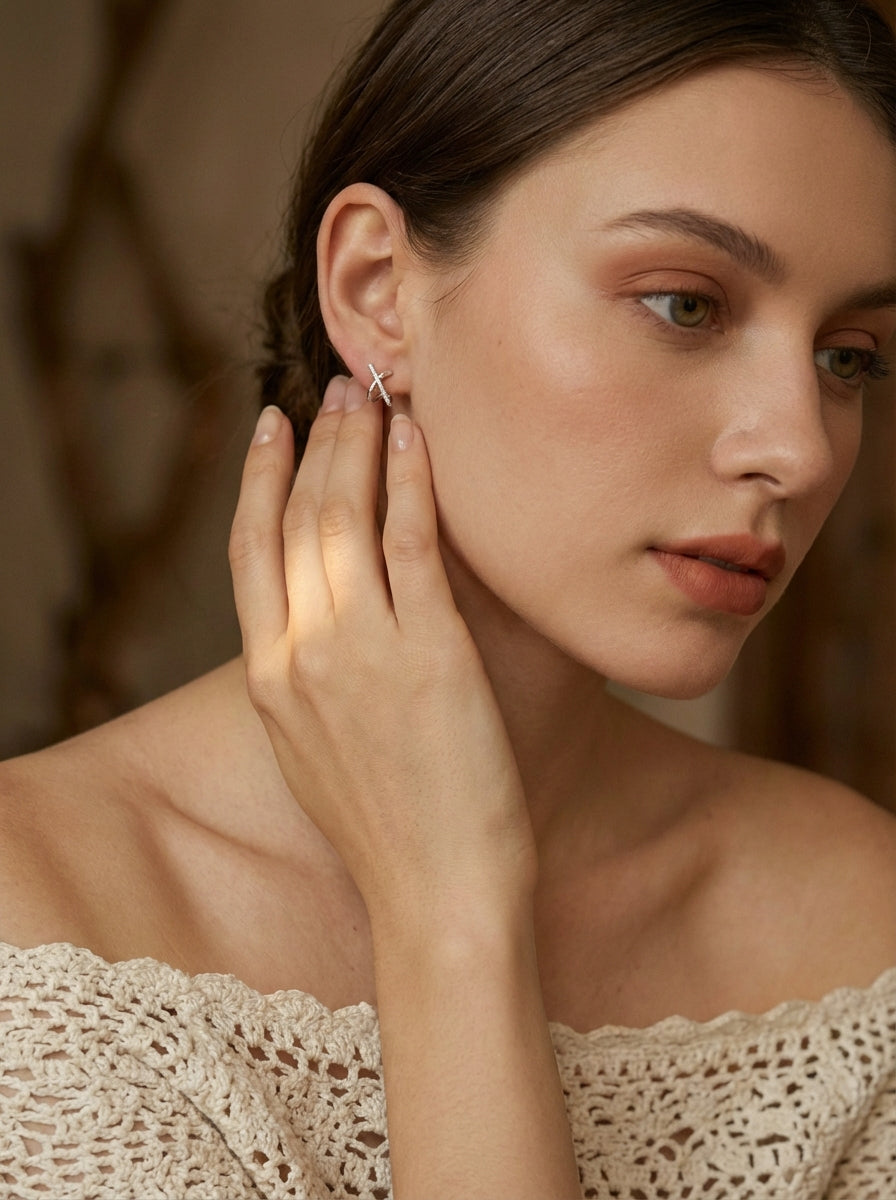 Intertwined Gleam – Sparkling Crossover 925 Silver Earrings in White Gold – View 4 | ARTTOO STUDIO